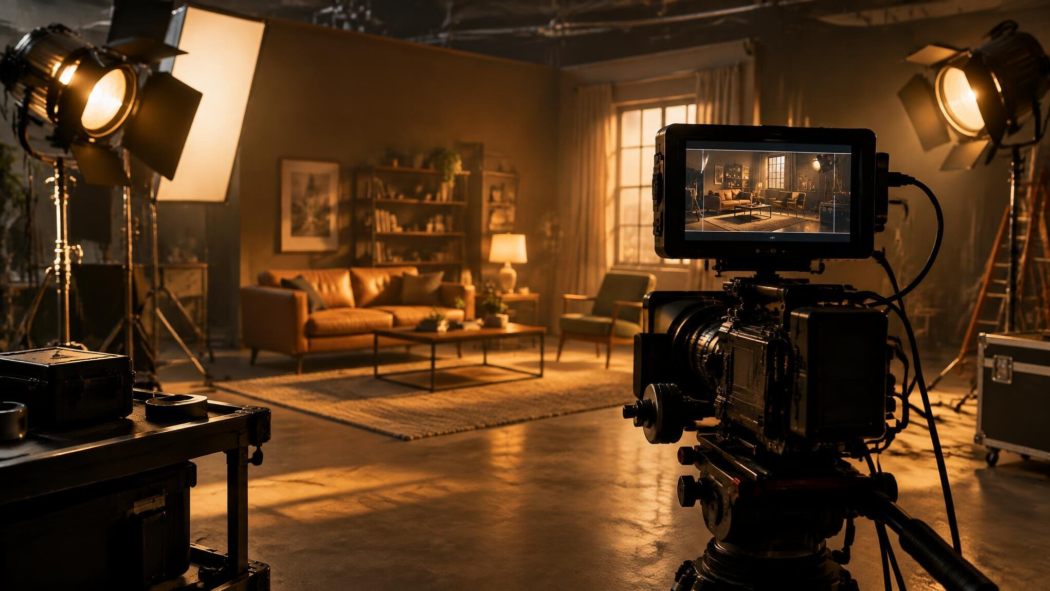 Film crew camera and lights on an entertainment set