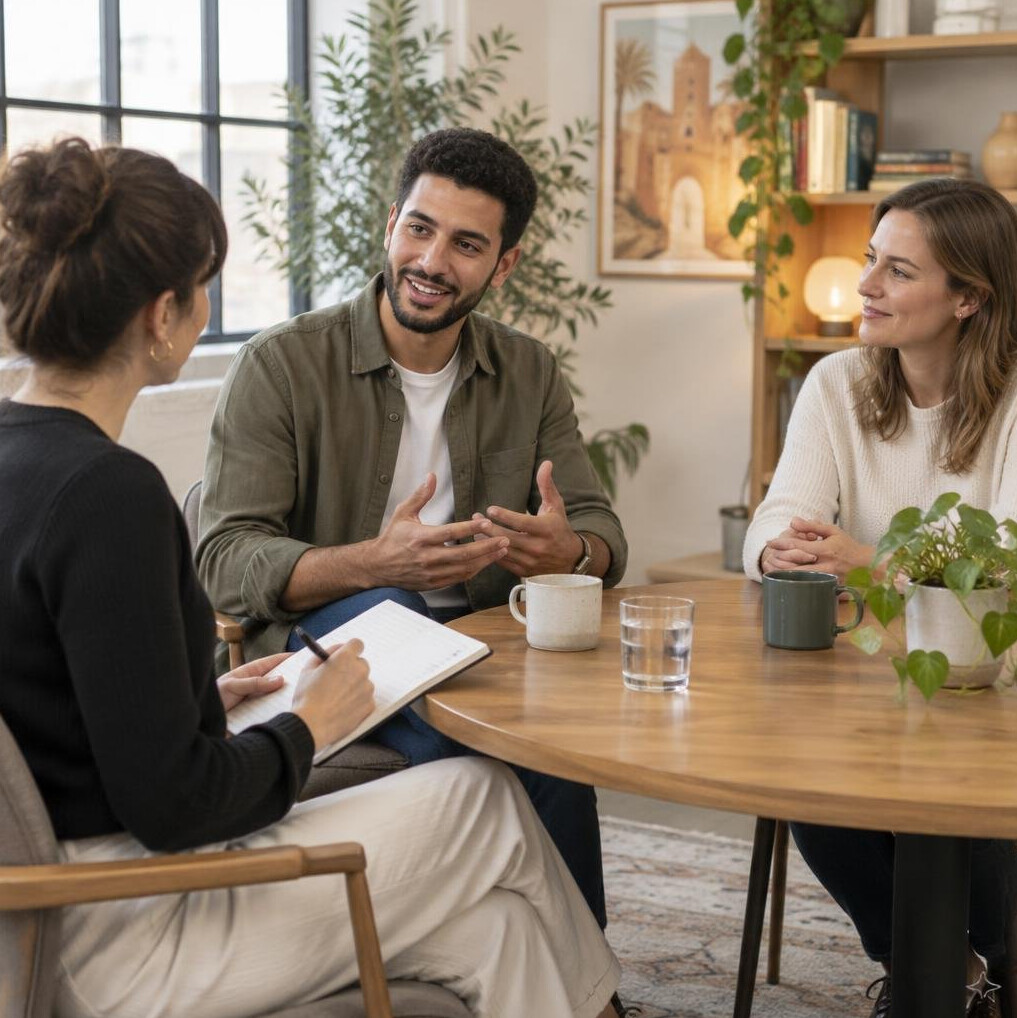Small group of people talking around a table during a discussion