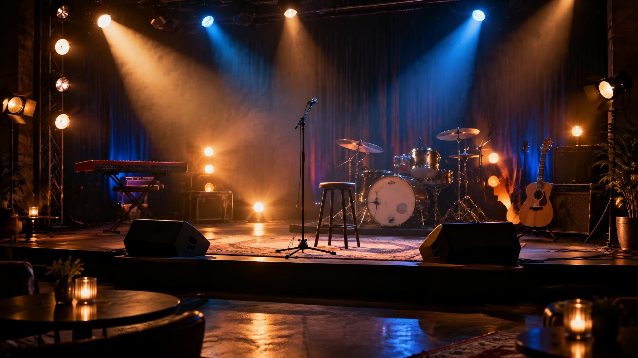Warm balanced stage lights glowing in a dark venue
