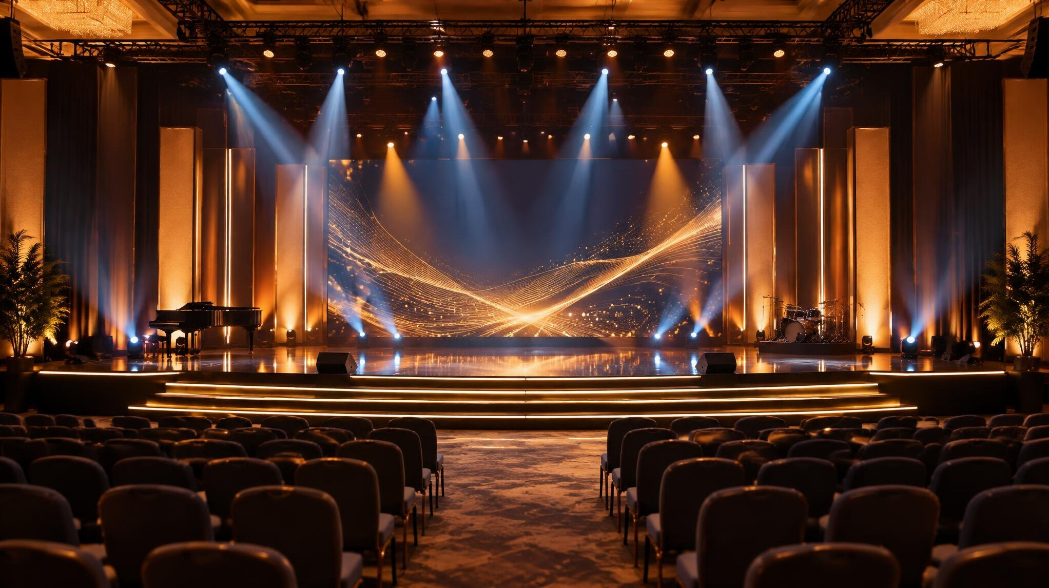 Event stage with professional lighting and audience seats