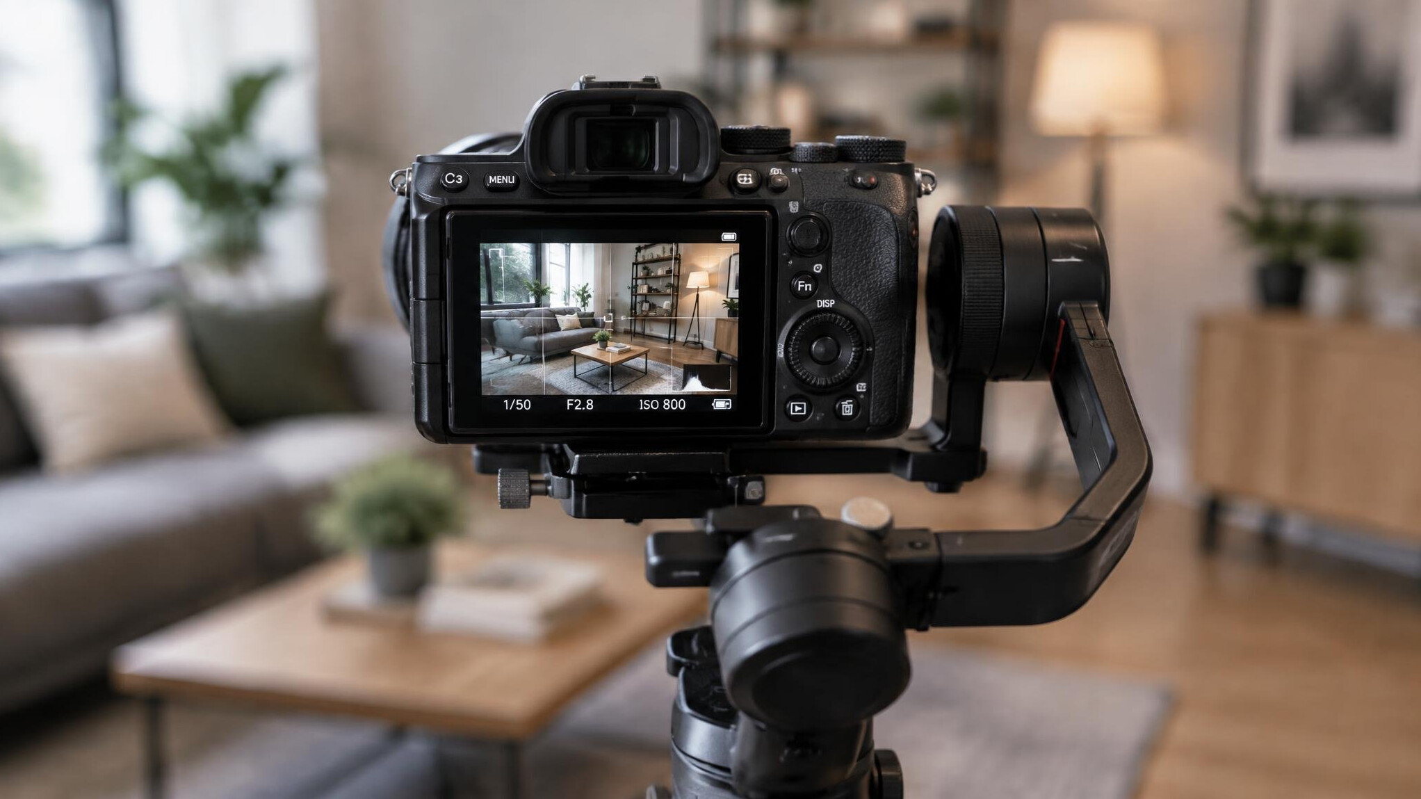 Camera mounted on a gimbal framing a shot