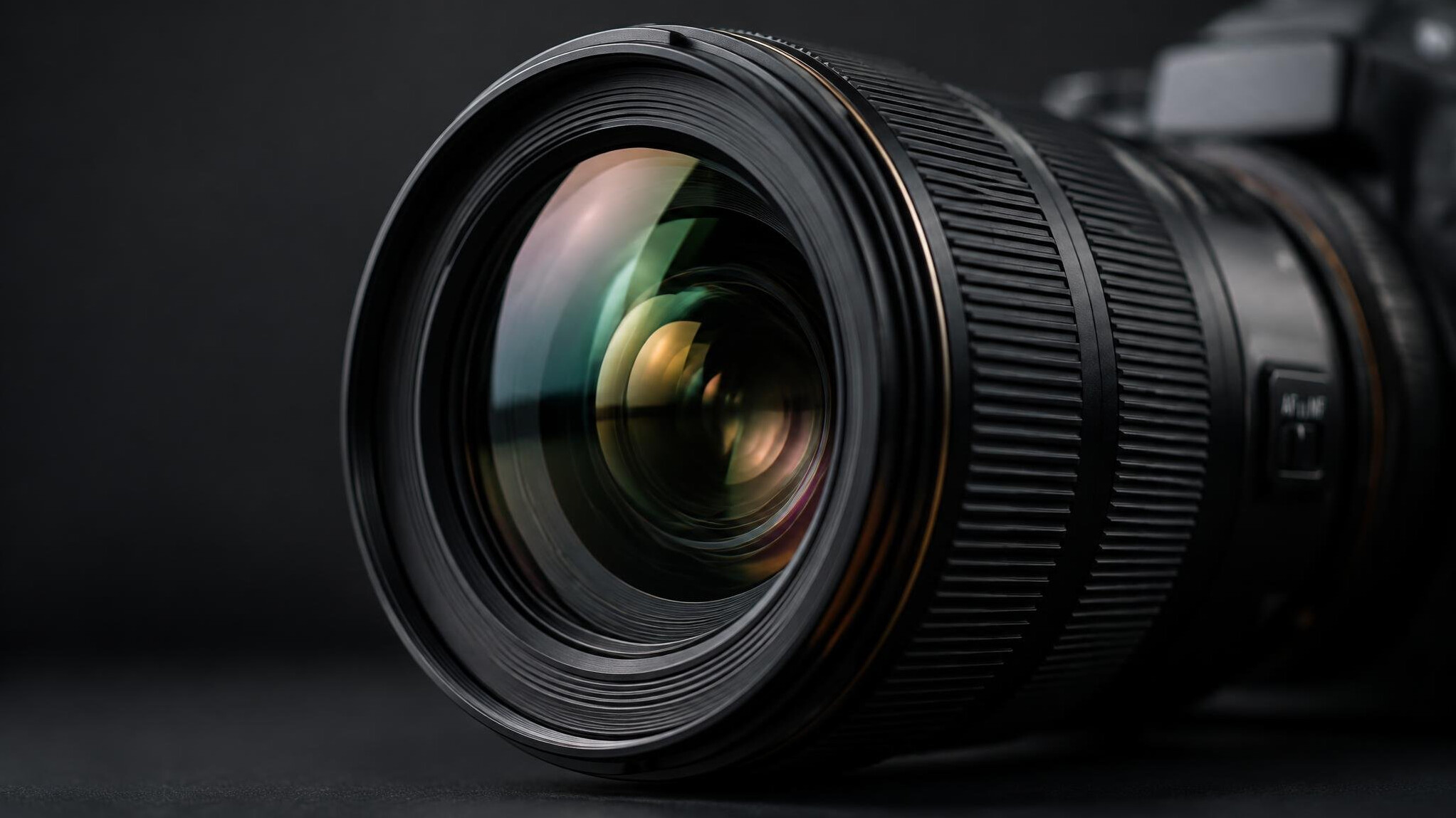 Close-up of a professional camera lens