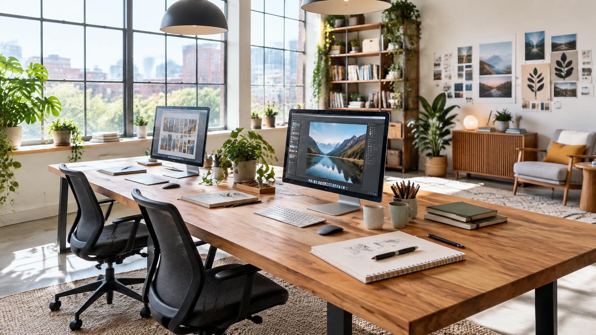 Bright modern creative studio workspace with large windows