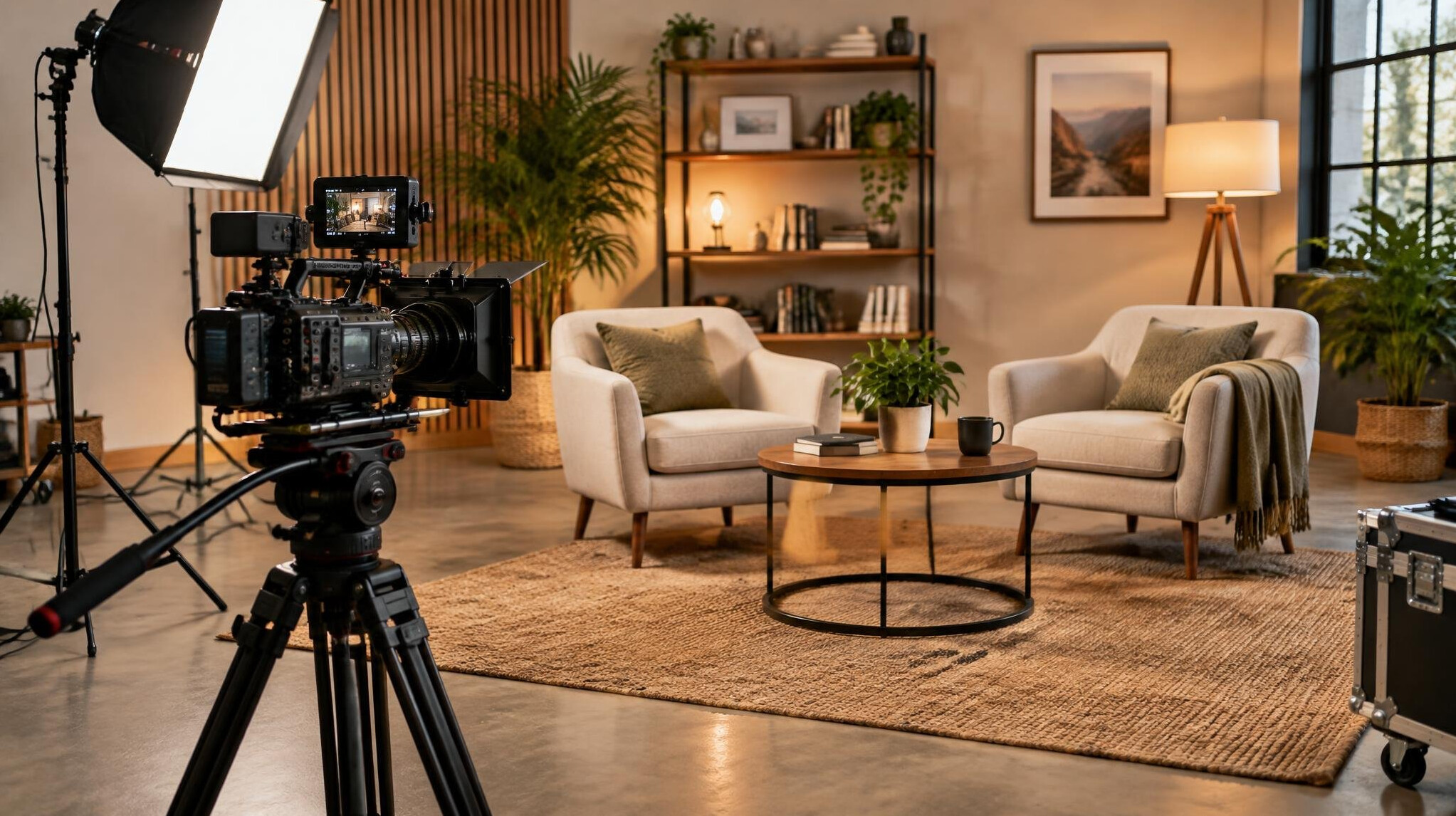 Cinema camera on a tripod in a lifestyle production studio