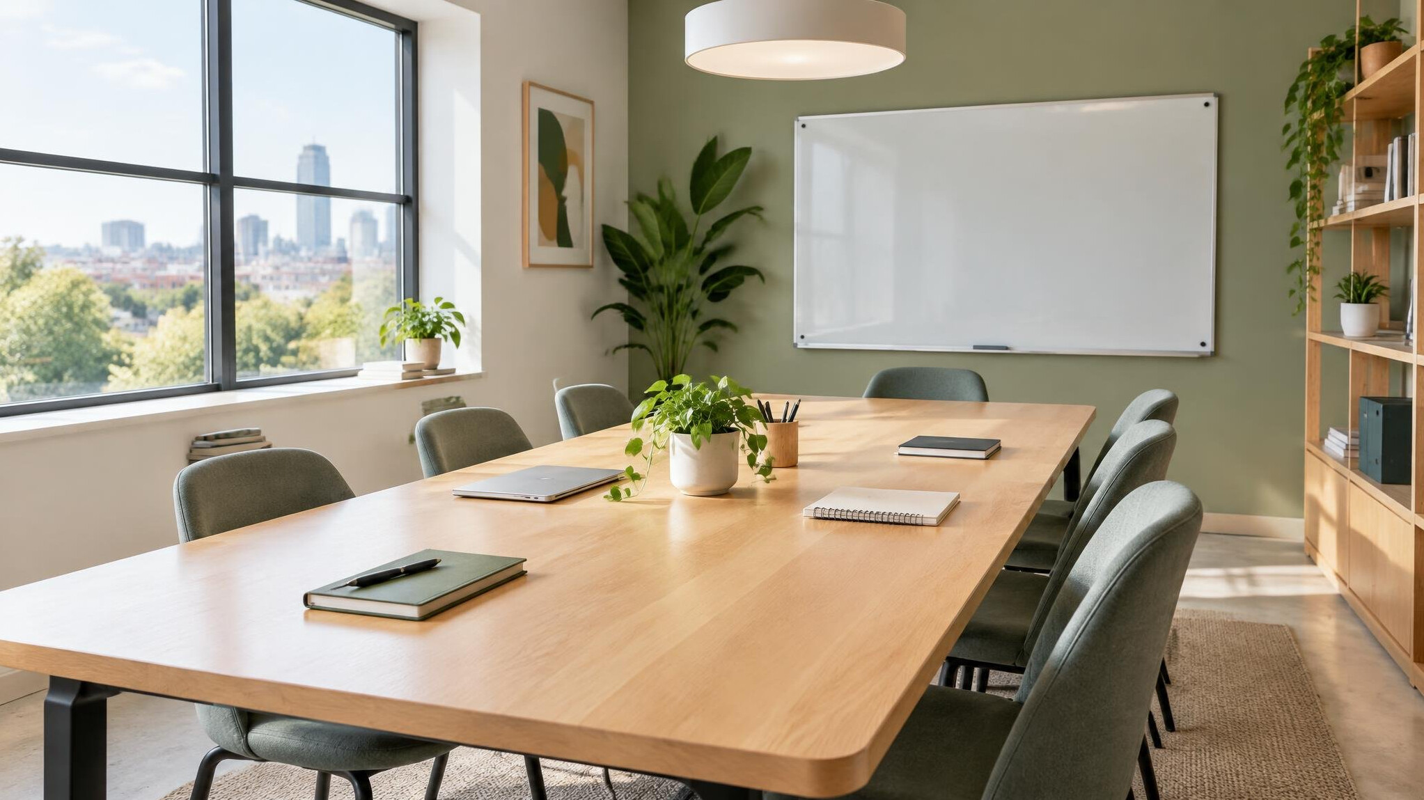 Bright welcoming office meeting room with a long table